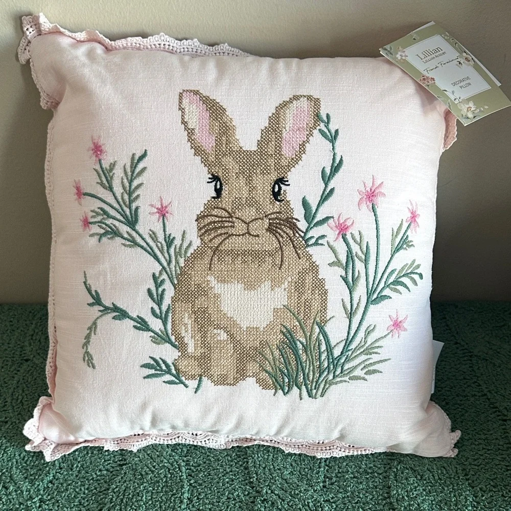 Lillian August French Farmhouse Easter Bunny 🐰 Rabbit Pillow Pink Embroidered